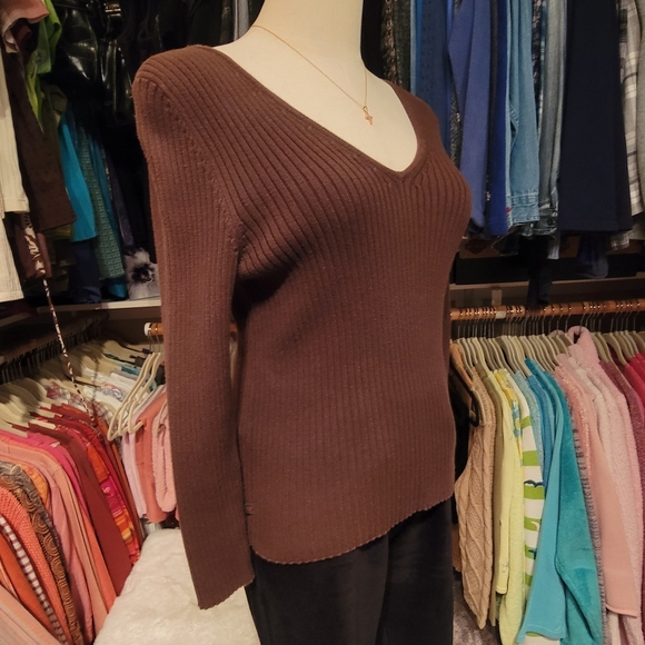 RALPH LAUREN ♡ Gorgeous Vintage Brown V Neck 'n Back Wide Ribbed Knit Sweater S - Picture 9 of 15